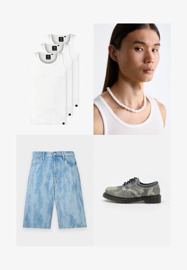 Tri bele rebraste majice brez rokavov iz bombaža. Imajo okroglo izreza in majhne črne etikete blizu roba. Na voljo v več velikostih.; Svetlo modri jeans kratki hlače z izblenenim pranjem, z običajnim pasom, sprednjimi žepki in ohlapnim krojem. Brez vidnih vzorcev ali kovinskih delov.; Čevlji z vezalkami, izdelani iz teksturiranega sivega blaga z črnimi detajli, debelim gumijastim podplatom in belimi šivi. Oblika zaobljenega nosu.; Bela ogrlica iz školjki, sastavljena od nepravilnih oblika, nošena preko pripijenog bijelog topa. S smooth teksturom i suptilnim sjajem, blisko prilagođenog dizajna.