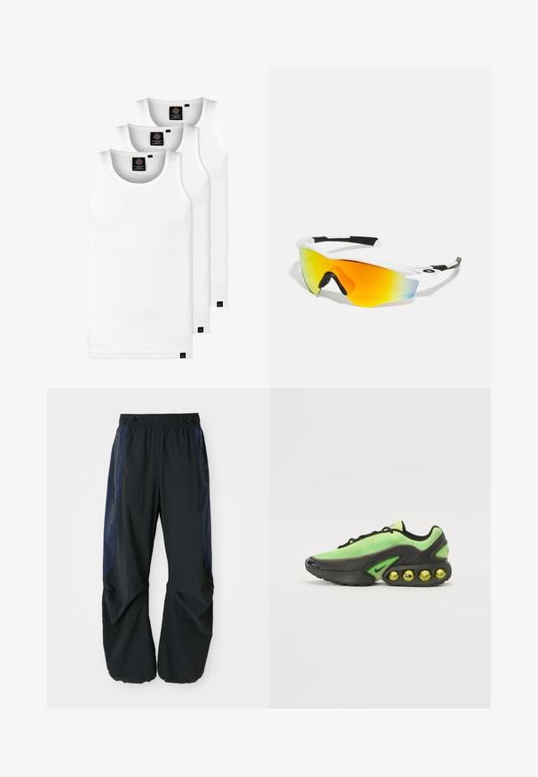 Drie witte geribde tanktops van katoen. Kenmerken zijn een ronde hals en kleine zwarte labels nabij de zoom. Verkrijgbaar in meerdere maten.; Zwarte outdoor broeken met een ontspannen pasvorm, voorzien van een elastische tailleband, marineblauwe zijpanelen en ritszakken aan beide zijden.; Nike sneakers met een bovenwerk van mesh in felgroen, zwarte accenten en een onderscheidende zool met zichtbare gele luchtbellen.; Witte sportzonnebril met een gebogen ontwerp, zwarte rubberen accenten en een gemirroerde lens in oranje-geel die overgaat in blauw.
