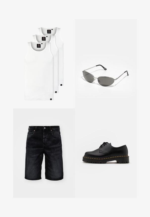 Tres camisetas sin mangas de algodón de color blanco con canalé. Cuentan con cuello redondo y pequeñas etiquetas negras cerca del dobladillo. Disponibles en múltiples tamaños.; Pantalones cortos de mezclilla negra con corte recto, cinco bolsillos y detalles en hardware de cobre. Textura suave, mostrados sobre un fondo blanco.; Zapato negro de cuero con cordones, punta redondeada, suela de goma texturizada y costuras amarillas alrededor de la base. Diseño plano y acabado suave.; Gafas de sol con un elegante marco de metal plateado, lentes tintados de color gris y un diseño aerodinámico que presenta bordes puntiagudos y patas delgadas.