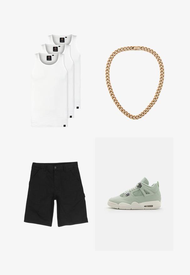 Drei weiße, gerippte Tanktops aus Baumwolle. Merkmale einen Rundhalsausschnitt und kleine schwarze Etiketten am Saum. In mehreren Größen erhältlich.; Schwarze Shorts aus Baumwolle mit flachem Bund, zwei seitlichen Taschen, einem Knopfverschluss und einer seitlichen Cargo-Tasche für zusätzlichen Stauraum.; Hellgrüner Sneaker mit Obermaterial aus Leder, Netzpaneelen, weißer Sohle und markanten Akzenten. Verfügt über Schnürsenkel und eine Luftpolsterung in der Ferse.; Halskette aus goldfarbenem Metall mit großen, ineinandergreifenden Gliedern und einem sicheren Verschluss. Glatte, glänzende Oberfläche mit poliertem Finish.