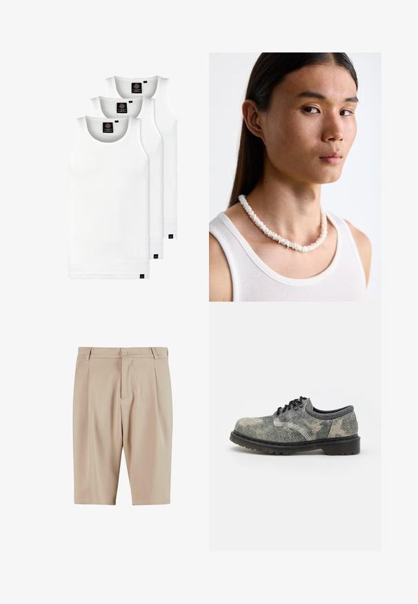 Kolm valget ribaga t-särki, mis on valmistatud puuvillast. Omavad ümmargust kaelanõhku ja väikseid musti silte hemme lähedal. Saadaval erinevates suurustes.; Beezid kohandatud lühikesed püksid plekkide ja nööbiga kinnitusega, klassikalise disainiga. Sile tekstuur, põlvepikkune lõige ja nähtamatud taskud.; Kudumis king, mis on valmistatud tekstuuriga hallist kangast mustade detailide ja paksu kummitaldaga, valgete õmblustega. Ümar varba disain.; Valge koorekaelakee, mis on valmistatud ebaregulaarsetest kujunditest, kantakse sobiva valge särkide ülaosa peal. Sile tekstuur kerge läikega, tihedalt istuv disain.