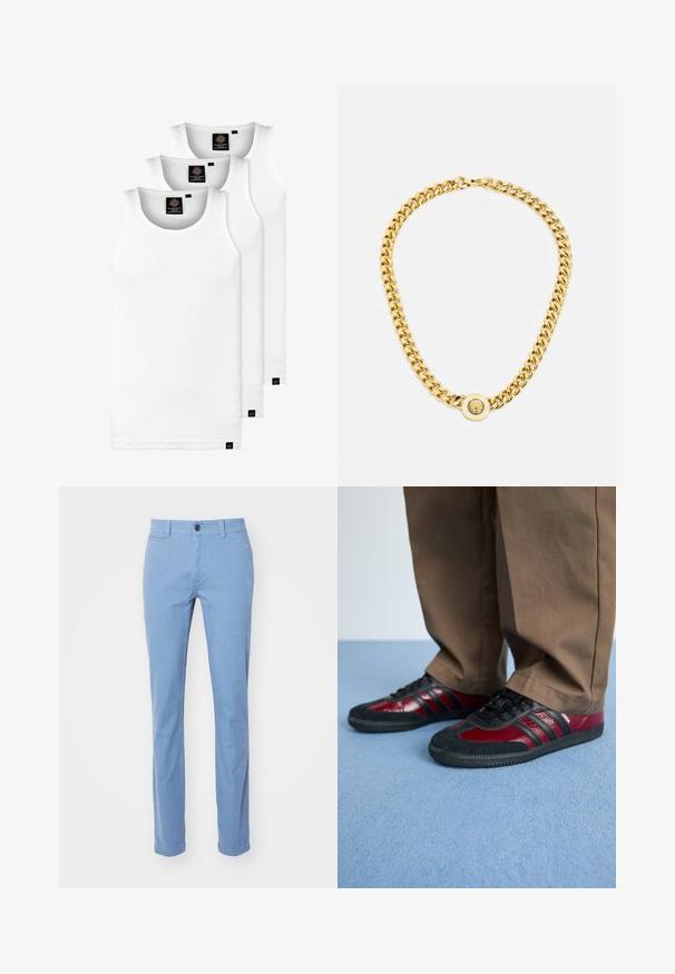 Trīs baltas ribotas krūšturi, kas izgatavoti no kokvilnas. Iezīmēti ar apaļu kakla izgriezumu un maziem melniem etiķetēm tuvu apakšmalai. Pieejami vairākos izmēros.; Gaiši zili taisni bikses, izgatavotas no kokvilnas auduma. Satur priekšējo pogu aizdari, jostu cilpas un priekšējās kabatas. Gluda tekstūra.; Melnas un burgundijas sporta apavi, kas izgatavoti no ādas un zamša materiāliem, ar melnajām auklām un trim melnajām strīpām sānos. Gumijas zole.; Zelta ķēdes kaklarota ar lielām savstarpēji savienotām saitēm, centrā ar apaļu piekari, kurā ir izcelts emblema.