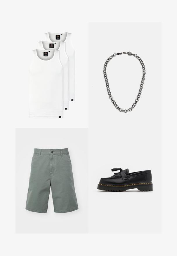 Kolm valget ribaga t-särki, mis on valmistatud puuvillast. Omavad ümmargust kaelanõhku ja väikseid musti silte hemme lähedal. Saadaval erinevates suurustes.; Heledad roheline puuvillane lühike püks, millel on nööbiga sulgemine, vöökohad ja küljetaskud. Omab sirget lõiget ja kerget tekstuuri.; Mustmust musta loafer, millel on frantsiisi aktsent, paks must tald ja kollane õmblus servas. Tekstuuriga viimistlus.; Metallist ehetross, millel on piklikud lingid tumedast terasest. Omab geomeetrilist aktsenti ja brändimise detailiga klamber.