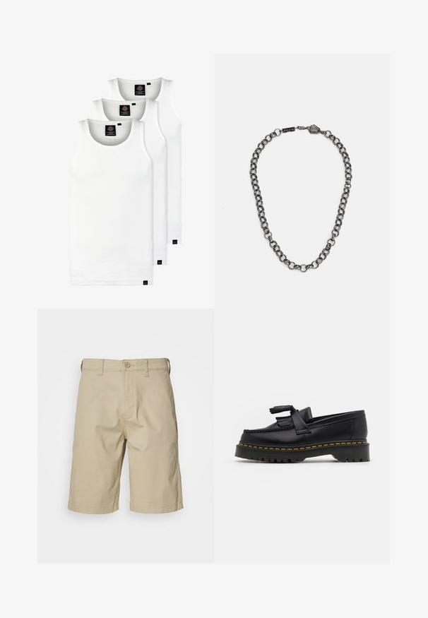 Trzy białe prążkowane koszulki na ramiączkach wykonane z bawełny. Posiadają okrągły dekolt i małe czarne metki blisko dolnego brzegu. Dostępne w różnych rozmiarach.; Beżowe szorty bawełniane o prostym kroju, z zapięciem na guzik, szlufkami na pasek i dwoma bocznymi kieszeniami. Gładka faktura i długość do kolan.; Czarny skórzany mokasyn z frędzelkowymi akcentami, z masywną czarną podeszwą i żółtym przeszyciem wzdłuż krawędzi. Teksturowane wykończenie.; Metalowa naszyjnika z ogniwami w ciemnym kolorze gunmetal. Posiada geometryczny akcent oraz zapięcie z detalem marki.