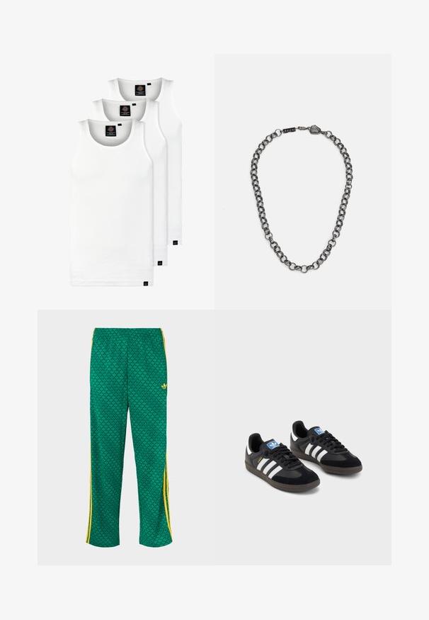 Tri bijele rebraste majice bez rukava od pamuka. Imaju okrugli izrez i male crne oznake blizu rubova. Dostupne su u više veličina.; Zelene sportske hlače s uzorkom u obliku listova, elastični pojas, žute bočne pruge, širok kroj.; Crne tenisice s gornjim dijelom od antilopa i sintetičkog materijala, s tri bijele pruge, teksturiranom gumenom potplatom i plavom oznakom na jeziku.; Metalna lančana ogrlica s izduženim karikama u tamnoj boji gunmeta. Ima geometrijski akcent i kopču s oznakom brenda.