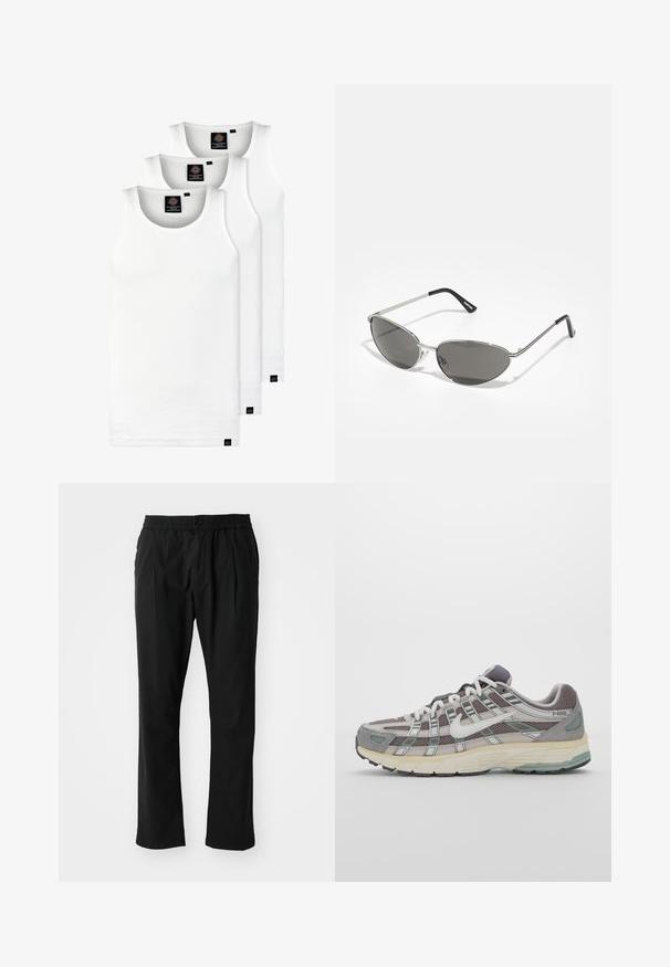 Three white ribbed tank tops made of cotton. Features a crew neck and small black labels near the hem. Available in multiple sizes.; Black pants made of lightweight fabric with an elastic waistband. Features a button closure, straight legs, and subtle front pleats.; Gray athletic shoe featuring a mesh and suede upper, white accents, a cushioned sole, and a distinctive design with reflective elements.; Sunglasses with a sleek, silver metal frame, gray tinted lenses, and an aerodynamic design featuring pointed edges and thin arms.; Silver-toned metal necklace featuring a twisted chain design and a circular pendant with a polished finish.