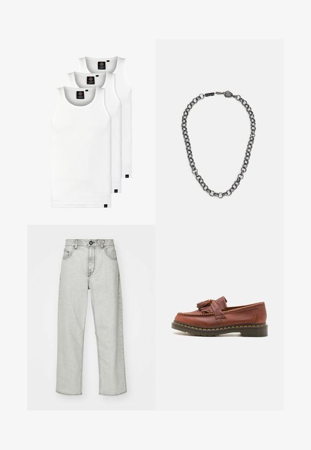 Trois débardeurs blancs côtelés en coton. Présentent un col rond et de petites étiquettes noires près de l'ourlet. Disponibles en plusieurs tailles.; Jean taille haute gris clair avec une coupe décontractée, cinq poches, fermeture à bouton sur le devant et motif texturé subtil sur le tissu en denim.; Mocassin en cuir marron avec des accents de franges, surface texturée et coutures jaunes contrastantes le long de la semelle en caoutchouc noir. Vue de côté.; Collier en métal avec des maillons allongés dans une couleur gunmetal foncé. Comprend un accent géométrique et un fermoir avec des détails de marque.