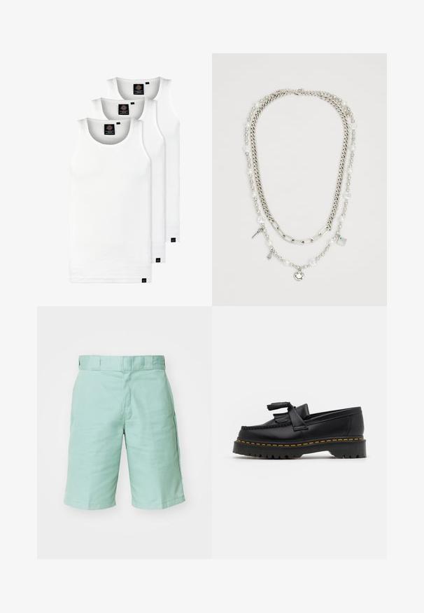 Three white ribbed tank tops made of cotton. Features a crew neck and small black labels near the hem. Available in multiple sizes.; Mint green cargo shorts made of cotton, featuring two side pockets, a flat waistband, and stitched hems. Smooth texture with no patterns.; Black leather loafer with a tasseled accent, featuring a chunky black sole and yellow stitching along the edge. Textured finish.; Multi-layered necklace featuring silver chains and pearl beads with charms, including keys and a square pendant. Smooth texture with shiny finish.