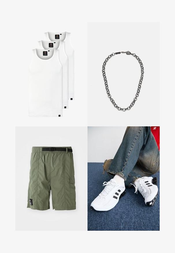 Trys balti, dryžuoti marškiniai be rankovių, pagaminti iš medvilnės. Yra apvalus kaklas ir maži juodi etiketės netoli siūlės. Siūlomi įvairių dydžių.; Alyvuogių žalios spalvos cargo šortai su elastinga juosta ir juodu užsegimu. Turime šoninių kišenių ir mažą prekės ženklo etiketę ant apatinės kojos.; Balti tinkliniai sportiniai bateliai su juodais akcentais, turintys tekstūruotą dizainą ir išskirtinį padas, derinami su mėlynais džinsais.; Metalinė grandinėlė su pailgintais saitais tamsiai metalinės spalvos. Yra geometrinis akcentas ir užsegimas su prekės ženklo detale.