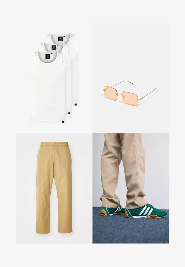 Tri biele rebrované tielka vyrobené z bavlny. Majú okrúhly výstrih a malé čierne štítky pri leme. Dostupné v rôznych veľkostiach.; Khaki nohavice vyrobené z ľahkej látky s rovnými nohavicami, so zapínaním na prednom gombíku a bočnými vreckami.; Zelené prešívané tenisky s bielymi pruhmi a hnedými gumovými podrážkami, skombinované s béžovými nohavicami. Dizajn sa vyznačuje nízkym profilom a textúrovaným materiálom.; Zlaté slnečné okuliare s rámom, majúce obdlžníkové oranžové šošovky. Výrazné tenké nožičky a jemné texturované akcenty pri pántoch.; Sada siedmich strieborných prsteňov s rôznymi dizajnmi, vrátane skrútených, prepojených a gravírovaných vzorov. Rôzne tvary a šírky.