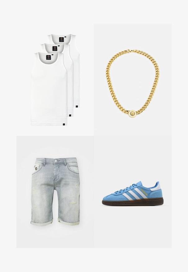 Három fehér csíkos pamut trikó. Felső része kerek nyakkivágású, és a szegély közelében kis fekete címkék találhatók. Több méretben elérhető.; Világoskék farmer rövidnadrág, kopott mosással, felgombolt szegélyekkel, elülső zsebekkel és kopott részletekkel a combon. Gombos záródás derékrészen.; Világoskék velúr sneaker, fehér bőr csíkkal, barna texturált talppal és arany logó részlettel. Alacsony szárú dizájn, kerek orral.; Arany lánc nyaklánc nagy, egymásba fonódó gyűrűkkel, középen egy kiemelkedő emblémával ellátott kört alakító medállal.