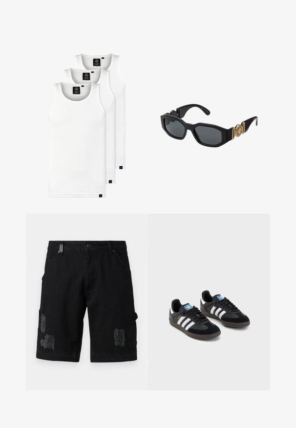 Tri bele rebraste majice brez rokavov iz bombaža. Imajo okroglo izreza in majhne črne etikete blizu roba. Na voljo v več velikostih.; Z black denim cargo kratke hlače z ohlapnim krojem, ki vsebujejo obrabljene madeže, sprednje žepke in stranske cargo žepke za dodatno funkcionalnost.; Črne športne copate z zgornjim delom iz semiša in sintetičnih materialov, ki imajo tri bele črte, teksturiran gumijast podplat in modro označevalno oznako na jeziku.; Črne sončne očala z masivnim geometrijskim okvirjem, temnimi lečami in zlatimi kovinskimi detajli na templjih, ki vsebujejo okroglo emblemo.; Bela ogrlica iz školjki, sastavljena od nepravilnih oblika, nošena preko pripijenog bijelog topa. S smooth teksturom i suptilnim sjajem, blisko prilagođenog dizajna.