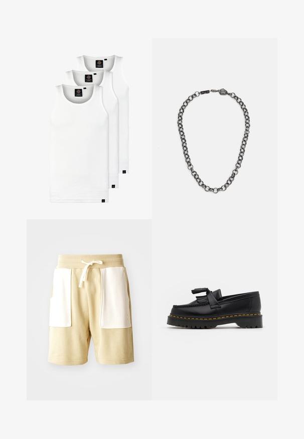 Tre canotte bianche a coste in cotone. Presentano un colletto rotondo e piccole etichette nere vicino all'orlo. Disponibile in diverse taglie.; Shorts in cotone beige con cintura a coste, tasche bianche a contrasto, dettaglio con cordino e vestibilità rilassata. Tessuto morbido.; Mocassino in pelle nera con un'accento a frange, dotato di una suola nera spessa e cuciture gialle lungo il bordo. Finitura testurizzata.; Collana in metallo con maglie allungate di un colore grigio scuro. Presenta un accento geometrico e una chiusura con dettaglio del marchio.