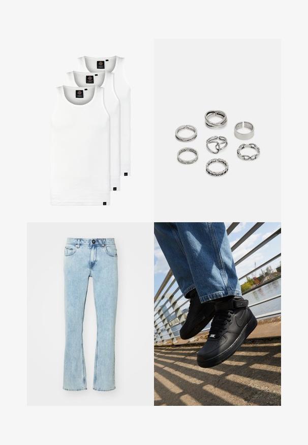 Tre hvide ribbede tanktops lavet af bomuld. Har en rund hals og små sorte mærker nær sømmen. Fås i flere størrelser.; Lys blå, højtaljede jeans lavet af denim, med lige ben, fem lommer og en frontlukning med knap. Der er slidte detaljer.; Sorte Nike Air Force 1 sneakers med læderoverdel, mesh-tunge og gummisål, der har et høj-top design og tykke snørebånd.; Sæt af syv sølvringe med forskellige designs, herunder snoede, sammenkoblede og graverede mønstre. Forskellige former og bredder.