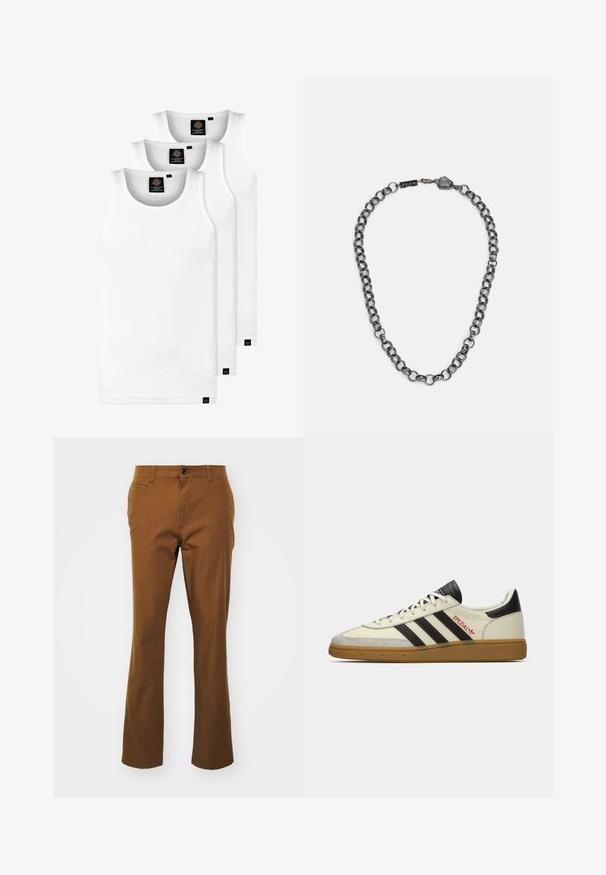 Drie witte geribde tanktops van katoen. Kenmerken zijn een ronde hals en kleine zwarte labels nabij de zoom. Verkrijgbaar in meerdere maten.; Bruine rechtvallende broek van een katoenmix, met een ritssluiting, knoopsluiting en voorzakken. Soepele textuur, casual ontwerp.; Crème en zwarte Adidas Spezial sneaker met gum zool, zwarte strepen, rode stiksels en 'Spezial' branding aan de zijkant.; Metalen ketting met uitgestrekte schakels in een donkere gunmetalkleur. Bevat een geometrische accent en sluiting met merkdetail.