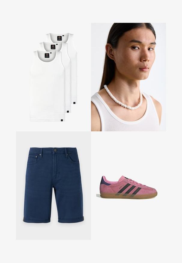 Három fehér csíkos pamut trikó. Felső része kerek nyakkivágású, és a szegély közelében kis fekete címkék találhatók. Több méretben elérhető.; Tengerészkék farmer rövidnadrág egyenes szabással, felhajtott szegéllyel, öt zsebbel és fém gomb részletekkel. Sima textúra és egyszínű megjelenés.; Rózsaszín velúr sportcipő fekete csíkkal, gumi talppal és texturált lila sarokkal. Fűzős kialakítással és a márka dombornyomott logójával az oldalon.; Fehér kagyló nyaklánc, amely szabálytalan formákból áll, egy testre simuló fehér ujjatlan felső felett viselve. Simára polírozott textúra, finom fényességgel, szoros illeszkedésű kialakítással.