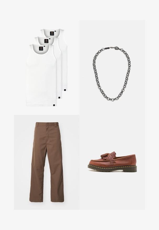 Tri bijele rebraste majice bez rukava od pamuka. Imaju okrugli izrez i male crne oznake blizu rubova. Dostupne su u više veličina.; Smeđe ravne hlače izrađene od izdržljive tkanine s glatkom teksturom. Imaju petlje za pojas i ravni prednji dizajn, pogodne za svakodnevno nošenje.; Smeđe kožne mokasine s resama, teksturiranom površinom i kontrastnim žutim šavovima uz crnu gumenu podlogu. Bočni pogled.; Metalna lančana ogrlica s izduženim karikama u tamnoj boji gunmeta. Ima geometrijski akcent i kopču s oznakom brenda.