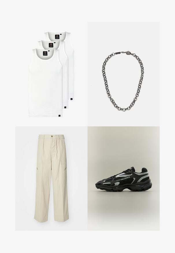 Tre hvide ribbede tanktops lavet af bomuld. Har en rund hals og små sorte mærker nær sømmen. Fås i flere størrelser.; Beige cargo bukser med en løs pasform, to frontlommer og et let struktureret stof. Har en knaplukning og bred benstil.; Sort og sølv Lacoste sneaker med mesh- og syntetisk overdel, afrundet tå, tekstureret sål og mærkedesign på siden, præsenteret på en neutral baggrund.; Metal kæde halskæde med forlængede led i en mørk gunmetal farve. Har en geometrisk accent og lås med brandingdetalje.