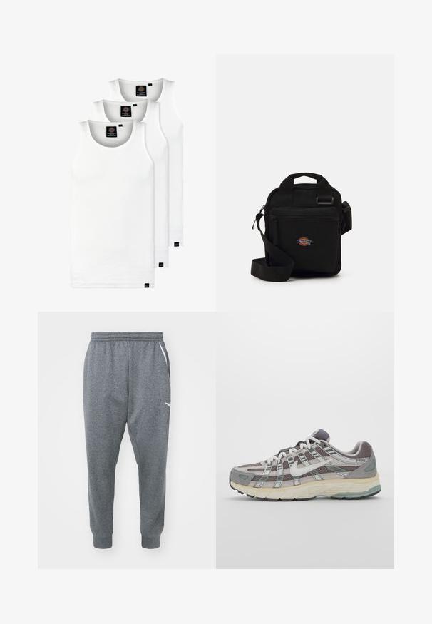 Tre hvide ribbede tanktops lavet af bomuld. Har en rund hals og små sorte mærker nær sømmen. Fås i flere størrelser.; Nike Performance PANT - Træningsbukser - black/white; Grå sportssko med overdel i mesh og ruskind, hvide accenter, en polstret sål og et særpræget design med reflekterende elementer.; Sort crossbody taske med en lynlåslomme, rektangulær form, lavet af stof, med et logo patch på forsiden, justerbar skulderrem.