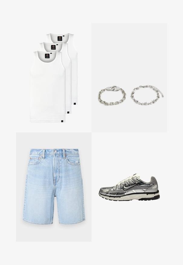 Tre hvite ribbestrikkede tank topper laget av bomull. Har en rund hals og små svarte etiketter nær kanten. Tilgjengelig i flere størrelser.; Lyseblå denimshorts med klassisk passform, som har et fem-lommers design, frynsete kant og kontraststing.; Sølv og svart treningssko med overdel i mesh og syntetisk materiale, voluminøst design og teksturert finish. Har en polstret krage og gummisåle.; Sølvkjedearmbånd med håndjernlås på venstre; høyre har en dekorativ kjede med aksenter. Begge har en polert overflate.