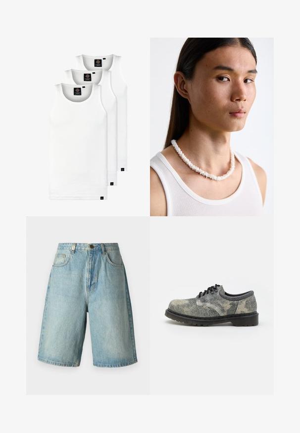 Tri biele rebrované tielka vyrobené z bavlny. Majú okrúhly výstrih a malé čierne štítky pri leme. Dostupné v rôznych veľkostiach.; Svetložlté denimové šortky s voľným strihom, prednými vreckami, zapínaním na gombík a bledým umývaním so subtilnými efektami".; Čipková obuv vyrobená z textúrovaného šedého materiálu s čiernymi akcentmi, hrubou gumovou podrážkou a bielymi švíkovými detailmi. Zaoblený dizajn špičky.; Biele náhrdelník z mušlí pozostávajúci z nepravidelných tvarov, nosený cez priliehavé biele tielko. Hladký povrch s jemným leskom, tesne priliehajúce prevedenie.