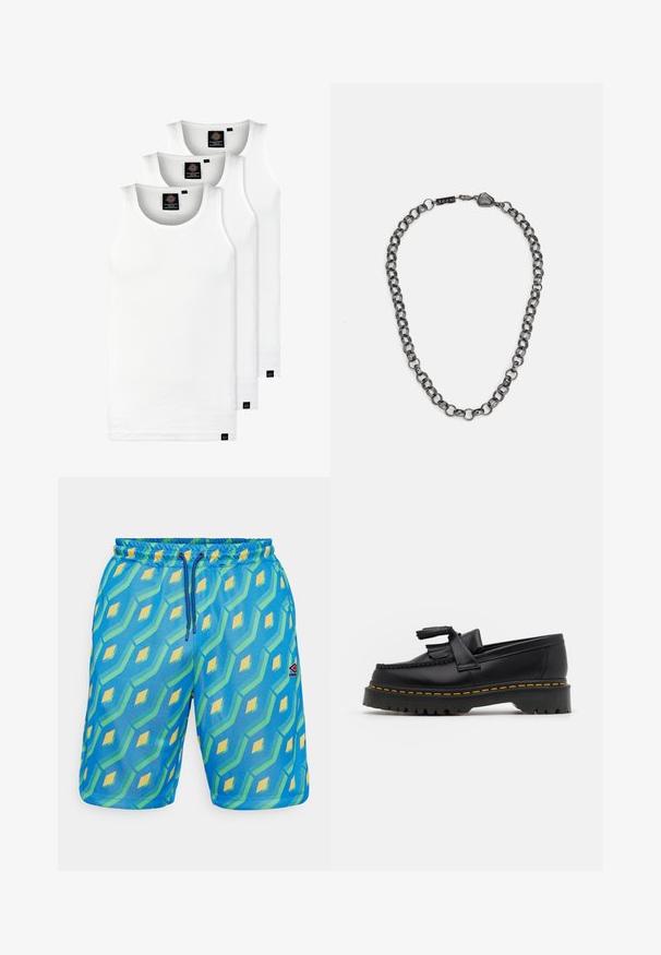 Drie witte geribde tanktops van katoen. Kenmerken zijn een ronde hals en kleine zwarte labels nabij de zoom. Verkrijgbaar in meerdere maten.; Blauwe zwemshorts met een geometrisch patroon in groen en geel, voorzien van een elastische tailleband, trekkoorden en een klein logo-patch.; Zwarte leren loafers met een franjesaccent, voorzien van een dikke zwarte zool en gele stiksels langs de rand. Gevoelige afwerking.; Metalen ketting met uitgestrekte schakels in een donkere gunmetalkleur. Bevat een geometrische accent en sluiting met merkdetail.