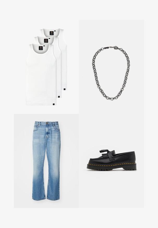 Tři bílé žebrované tílka vyrobené z bavlny. Mají kulatý výstřih a malé černé štítky poblíž lemu. Dostupné v několika velikostech.; Světle modré denimové zvonové džíny s vysokým pasem, s vyšisovaným povrchem, pěti kapsami a kontrastním prošitím. Klasické zapínání na knoflík a zip.; Černé kožené mokasíny s třásněmi, se silnou černou podrážkou a žlutým prošíváním podél okraje. Texturovaný povrch.; Kovový řetízek na krk s podlouhlými články v tmavé gunmetal barvě. Obsahuje geometrický akcent a zapínání s brandeovým detailem.