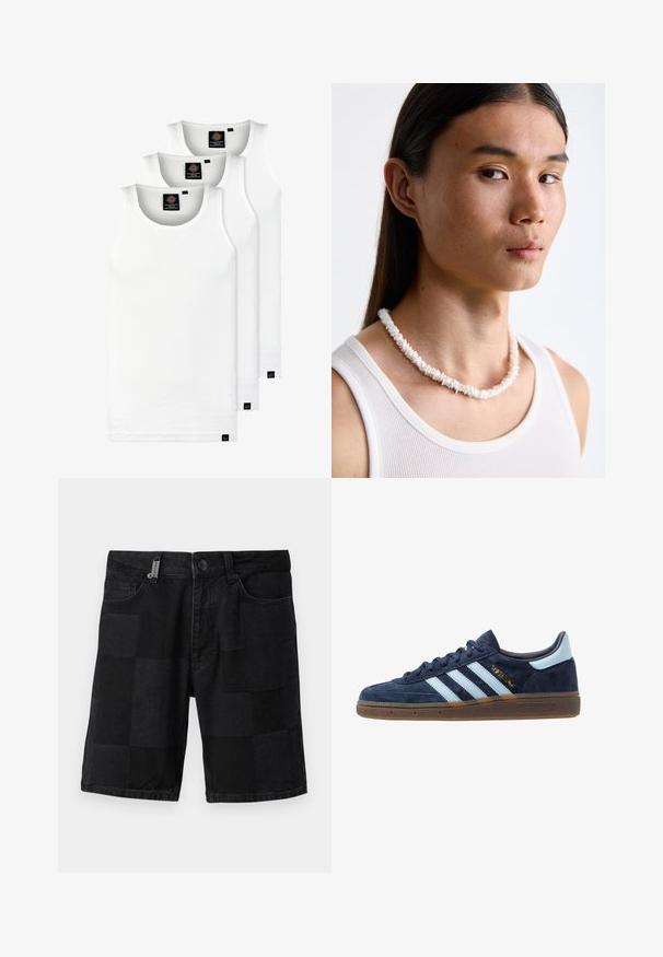 Trīs baltas ribotas krūšturi, kas izgatavoti no kokvilnas. Iezīmēti ar apaļu kakla izgriezumu un maziem melniem etiķetēm tuvu apakšmalai. Pieejami vairākos izmēros.; Melna denima šorti ar teksturētu apdari, piecām kabatām, pogu aizdari un rāvējslēdzēja atvēršanu.; Jūras zilas zamša Adidas sporta apavi ar gaiši zilām strēmēm, gumijas zole, gaiši zila papēža cilpa un zelta "Spezial" emblēma sānos.; Balta čaulu kaklarota, kas sastāv no neregulārām formām, valkāta virs pieguļošas baltas topiņas. Gluda tekstūra ar smalku spīdumu, cieši piegulošs dizains.