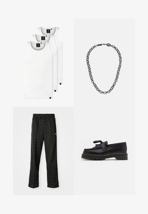 Trei maieuri albe ribbate din bumbac. Au un guler rotund și etichete negre mici lângă tiv. Disponibile în mai multe mărimi.; Pantaloni sport de culoare neagră, cu talie elastică. Au un model repetitiv de logo în gri închis și un accent de logo alb aproape de șold.; Mocasini din piele neagră cu un accent ciufulit, având o talpă groasă neagră și cusături galbene pe margine. Finisaj texturat.; Colier din metal cu zale alungite, de culoare gri închis. Prezintă un accent geometric și un închizător cu detalii de branding.