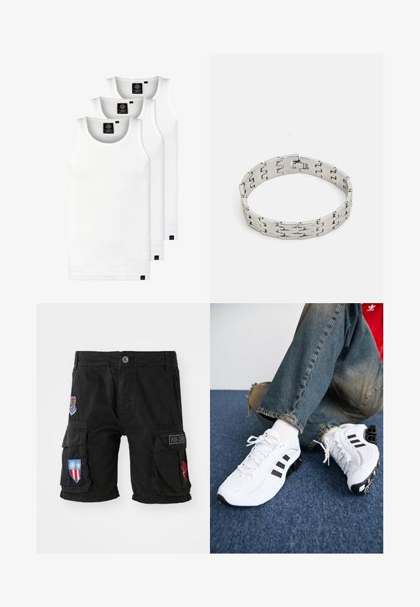 Trīs baltas ribotas krūšturi, kas izgatavoti no kokvilnas. Iezīmēti ar apaļu kakla izgriezumu un maziem melniem etiķetēm tuvu apakšmalai. Pieejami vairākos izmēros.; Melni kokvilnas šorti ar kabatām, ar izšūtām aplikācijām sarkanā, zilā un zaļā krāsā, kā arī pogu aizdari jostasvietā.; Baltās acs sporta kurpes ar melniem akcentiem, ar strukturētu dizainu un izteiksmīgu zoli, apvienotas ar zilām džinsiem.; Metāla aproce ar savstarpēji savienotām taisnstūra saites; pulēta sudraba apdare; ir droša aizdare aizvēršanai.