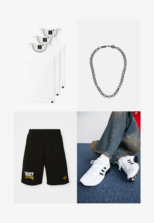 Three white ribbed tank tops made of cotton. Features a crew neck and small black labels near the hem. Available in multiple sizes.; Black sports shorts made of fabric with side pockets, featuring white and gold embroidered "1897 JUVENTUS" on the left leg and a gold logo on the back.; White mesh athletic shoes with black accents, featuring a textured design and distinctive sole, paired with blue denim jeans.; Metal chain necklace with elongated links in a dark gunmetal color. Features a geometric accent and clasp with branding detail.