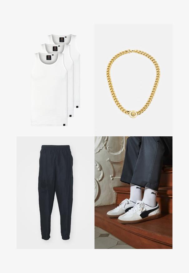 Tri bele rebraste majice brez rokavov iz bombaža. Imajo okroglo izreza in majhne črne etikete blizu roba. Na voljo v več velikostih.; Črne, lahke atletske hlače iz gladkega, zračnega materiala. Imajo elastičen pas in elastične manšete, z logotipom.; Puma superge v beli in črni usnjeni izvedbi, sročene s rjavim gumijastim podplatom. Usklajene z belimi nogavicami z črnim logotipom, nosijo se s temnimi hlačami.; Zlata verižica z velikimi medsebojnimi povezavami, ki ima v središču krožni obesek z izbočenim grbom.