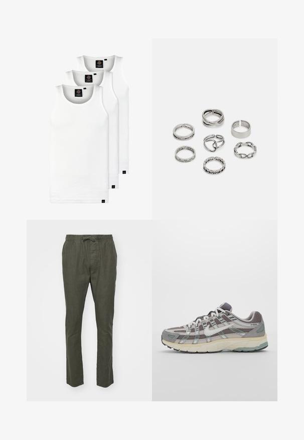 Trois débardeurs blancs côtelés en coton. Présentent un col rond et de petites étiquettes noires près de l'ourlet. Disponibles en plusieurs tailles.; Pantalons tissés légers de couleur vert olive, dotés d'une taille élastique et d'un cordon de serrage. Coupe droite avec poches latérales et texture lisse.; Chaussure de sport grise avec une tige en mesh et en daim, accents blancs, semelle rembourrée et un design distinctif avec des éléments réfléchissants.; Ensemble de sept bagues en argent présentant divers designs, notamment des motifs torsadés, entrelacés et gravés. Différentes formes et largeurs.