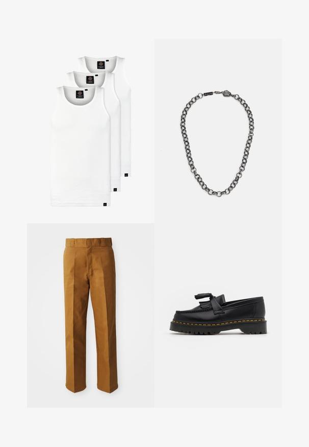 Három fehér csíkos pamut trikó. Felső része kerek nyakkivágású, és a szegély közelében kis fekete címkék találhatók. Több méretben elérhető.; Barna, szabott nadrág sima textúrával, egyenes lábformával, elülső redőzéssel és standard derékpánttal.; Fekete bőr mokaszin, rojtos díszítéssel, masszív fekete talppal és sárga varrással az élén. Texturált felület.; Fém lánc nyaklánc, hosszúkás szemekkel, sötét fényfém színben. Geometrikus díszítéssel és márkázott kapoccsal rendelkezik.