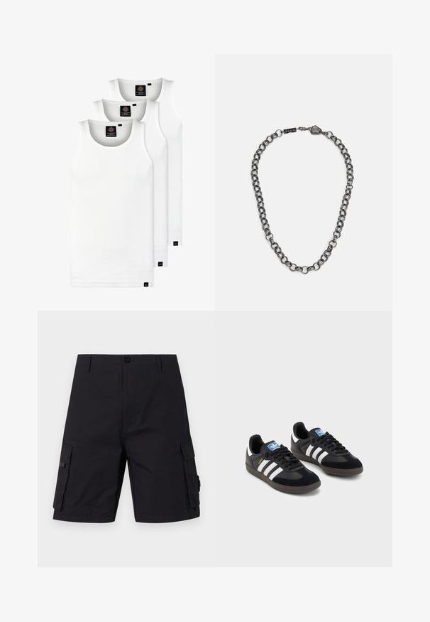 Three white ribbed tank tops made of cotton. Features a crew neck and small black labels near the hem. Available in multiple sizes.; Black cargo shorts with a straight cut, made of durable fabric. Features two side pockets and button closure.; Black sneakers with a suede and synthetic upper, featuring three white stripes, textured rubber sole, and blue logo tag on the tongue.; Metal chain necklace with elongated links in a dark gunmetal color. Features a geometric accent and clasp with branding detail.