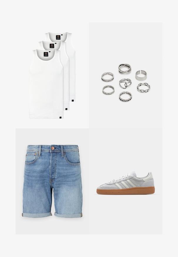 Tre hvite ribbestrikkede tank topper laget av bomull. Har en rund hals og små svarte etiketter nær kanten. Tilgjengelig i flere størrelser.; Lyse blå denimshorts med en klassisk snitt, rullet hem, frontlommer og detaljer med kobberknapper. Myk tekstur og avslappet design.; Lys grå semsket lær sneakers med hvite lærdetaljer, tre hvite striper og en brun gummisåle, med en polstret krage for ekstra komfort.; Sett med sju sølvringer med forskjellige design, inkludert vridde, sammenkoblede og gravyrmønstre. Ulike former og bredder.