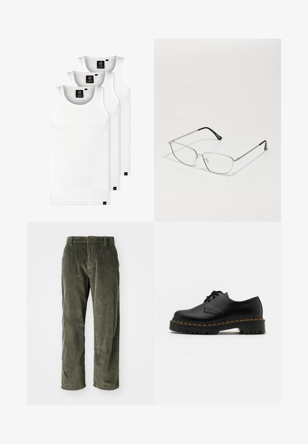 Three white ribbed tank tops made of cotton. Features a crew neck and small black labels near the hem. Available in multiple sizes.; Olive green corduroy pants with vertical ribbing, featuring a button closure and straight-leg design. Soft texture with a classic fit.; Black leather lace-up shoe with a rounded toe, textured rubber sole, and yellow stitching around the base. Flat design and smooth finish.; Metal eyewear with a thin silver frame, angular lenses, clear glass, and black rubber accents on temple tips. Lightweight and minimal design.