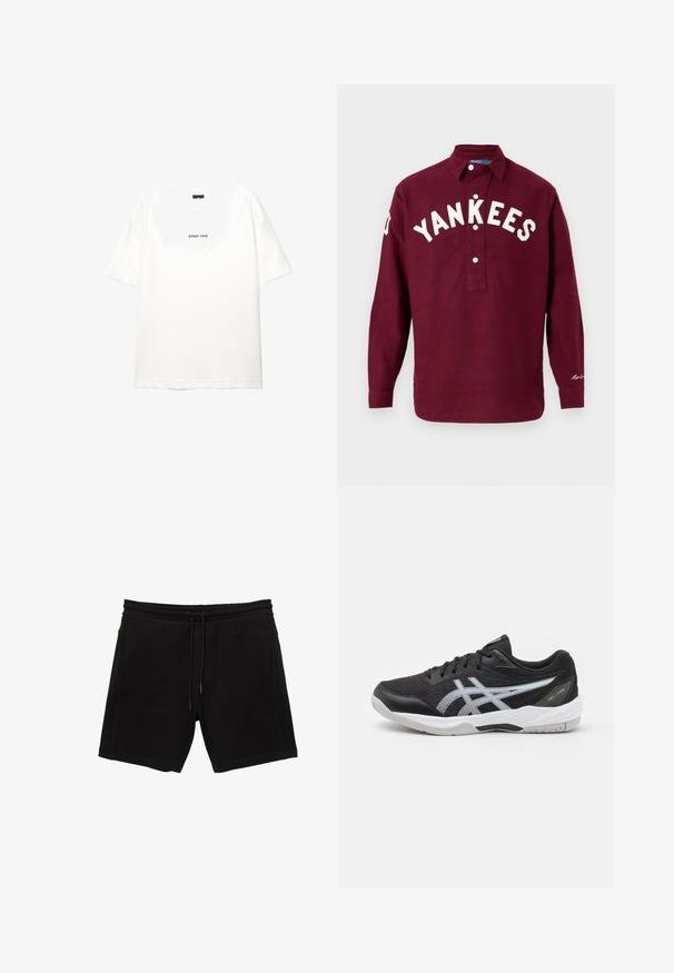 Weißes Baumwoll-T-Shirt mit kurzen Ärmeln. Mit Rundhalsausschnitt und einem mittigen schwarzen Textdruck, der "ERROR CODE" lautet. Glatte Textur.; Bordeauxfarbene Langarmbluse mit Kentkragen, versehen mit dem in Weiß gestickten Schriftzug "YANKEES" auf der Vorderseite und Logodetail auf dem Ärmel.; Schwarze Sweatshorts aus Baumwollmix. Mit einem elastischen Bund mit Kordelzug, seitlichen Taschen und einem entspannten Schnitt.; Schwarzer Sportschuh mit einem Obermaterial aus Mesh, reflektierendem silbernen Logo, Gummisohle und weißen Akzenten. Verfügt über einen gepolsterten Schaft und ein strapazierfähiges Design.