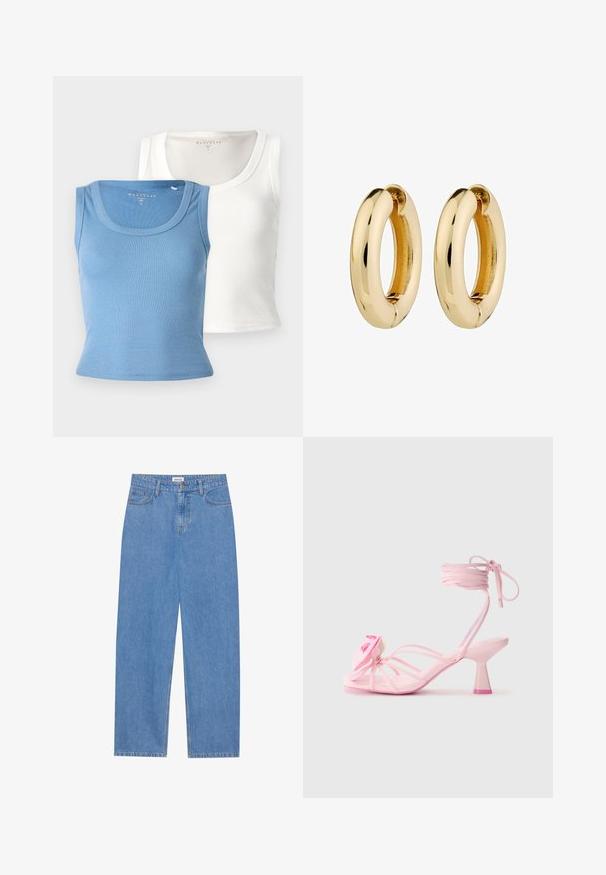 Kaksi ribattyä hihattomaa paitaa: yksi vaaleansinisellä ja toinen valkoisella. Molemmissa on pyöreä pääntie ja tiukka muotoilu, joka korostaa kankaan rakennetta.; Vaaleansiniset farkut suoranleikkauksella, viisi taskua, yksittäinen nappisulku ja huomaamattomat ompeluyksityiskohdat saumoissa.; Vaaleanpunaiset korot sandaalit ohuilla remmeillä ja kukallinen yksityiskohta varpaissa. Korko on paksu muotoilu, jossa on kontrastivärinen vaaleanpunainen kärki. Sileä pinta.; Kultaiset rengaskorvakorut, joissa on sileä, kiillotettu pinta ja pyöreä muoto. Sisäreunassa on hienovarainen halkio kiinnitystä varten.