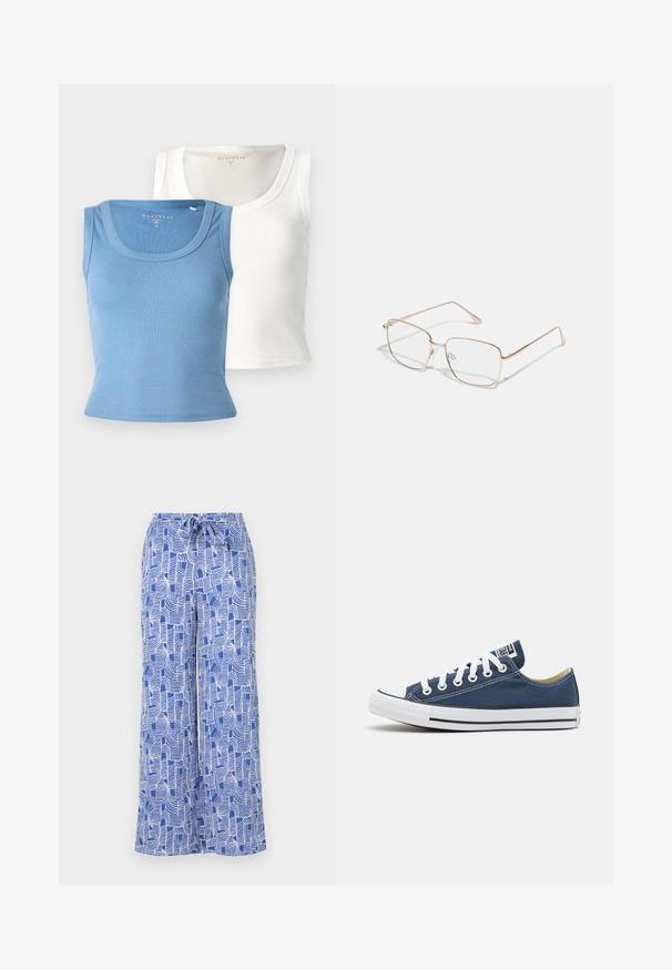 Două topuri fără mâneci cu caneluri: unul de culoare albastru deschis și unul alb. Fiecare are un guler rotund și o siluetă ajustată, subliniind textura materialului.; Pantaloni largi cu un model albastru, prevăzuți cu un cordon la talie, fabricați dintr-un material ușor, cu desene abstracte albe.; Adidași din pânză de culoare albastru marin cu ochiuri și șireturi albe, având o vârf din cauciuc alb și o bandă neagră pe talpă.; Ochelari rectangulari cu rame subțiri din metal roz aurit. Lentilele sunt clare, iar brațele sunt slabe cu un detaliu subtil de balama.