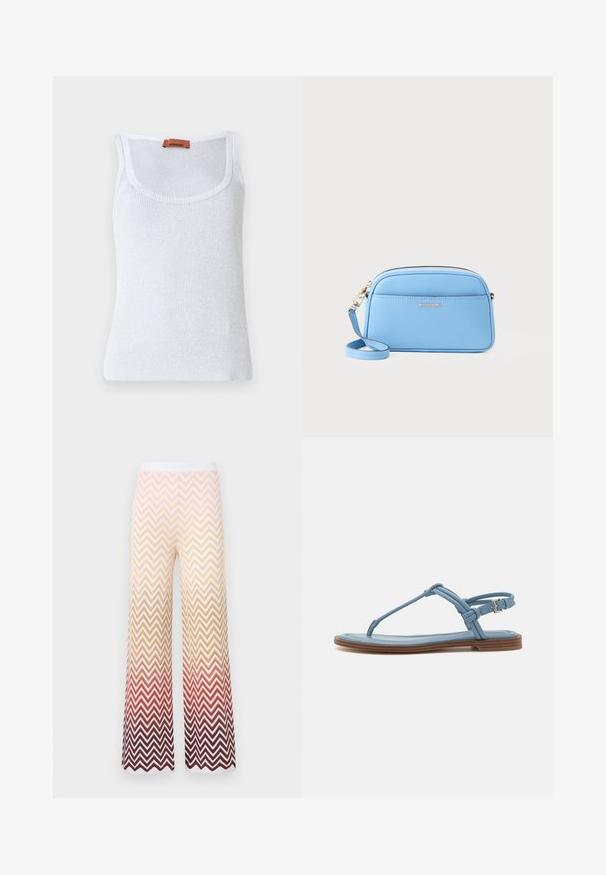 Valge ribatud top ringvaagna küljeosaga, millel on õhuke tekstuur ning nahklabel õlavarre lähedal.; Laiad põlvikud, kudum, millel on siksakiline ševronmuster, üleminek kreemivärvist oranži ja tumepunase, valge elastse vöökoht.; Sinine nahast sõrmsandaal, millel on lame tall ja õhuke rihmastruktuur, ning ankle-luku tõmblukk, mis tagab kindla sobivuse.; Hele sinine nahast ristiõlakott kuldse viimistlusega, tõmblukk, ja eesmine tasku. Omab reguleeritavat rihma mugavuse tagamiseks.