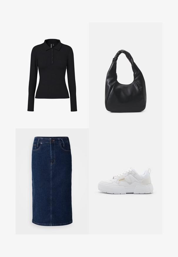 Must have mustris ja pikkade varrukatega polo särgil, millel on krae, kolme nupuga lõhik ja siretova siluett. Veniv kangas kergelt tekstuuriga.; Tumed sinine denim midi seelik, otsekohase lõikega, ees taskud ja eristuv oranž õmblus. Sile tekstuur minimaalsete üksikasjadega.; Valged tossud suuremahulise disainiga, mis on valmistatud nahk- ja sünteetilisest materjalist, tekstuursete detailidega, paeladega ja silmapaistva kuldse logoga.; Must värvi hobo kott, mis on valmistatud siledast nahataolisest materjalist, keeratud käepidemega, pehme ja ümar kuju ning ülemise tõmblukuga sulgur.; Hõbedane keerdussõlg, mille disain sisaldab delikaatseid kõverusi ja väikseid selgeid rhinestone'ide kaunistusi pinnal. Kõrva taguses kindel kinnitussüsteem turvaliseks kandmiseks.