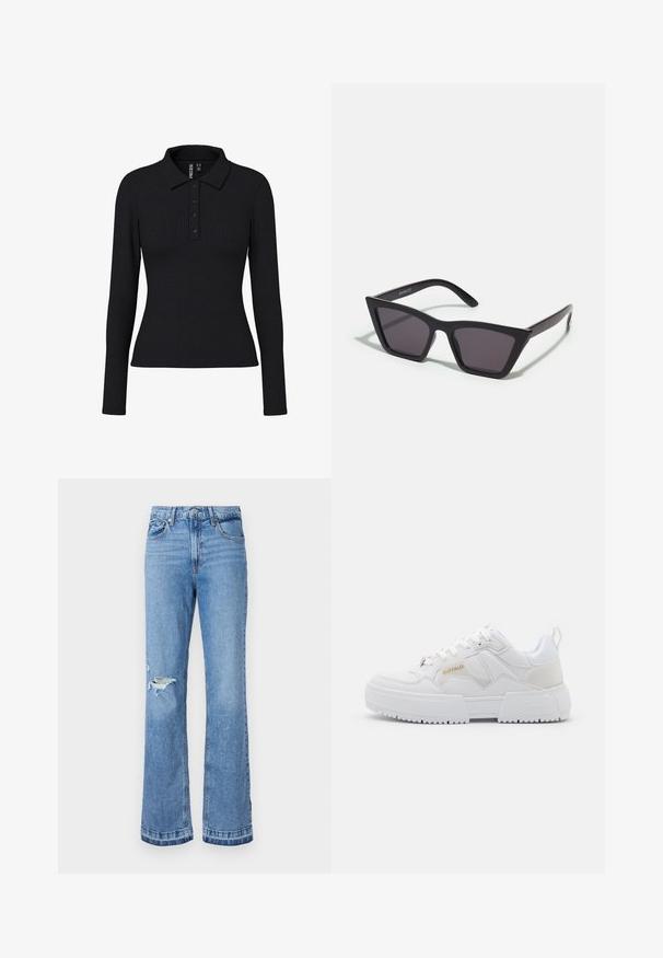 Μαύρο ριμπ γιλέκο με μακριά μανίκια που διαθέτει γιακά, τρία κουμπιά και εφαρμοστή σιλουέτα. Ελαστικό ύφασμα με ελαφριά υφή.; Ανοιχτό μπλε τζιν παντελόνι με φαρδιά γραμμή και ψηλή μέση, με ρήξη στο δεξί γόνατο και ραφές κατά μήκος των ραφών και του τελειώματος.; Λευκά αθλητικά παπούτσια με χοντρή σχεδίαση, κατασκευασμένα από δέρμα και συνθετικά υλικά, με υφή, κορδόνια και ένα έντονο λογότυπο σε χρυσό.; Μαύρα, γωνιώδη γυαλιά ηλίου με γκρι φακούς; κατασκευασμένα από πλαστικό, με χοντρές βραχίονες με λεία επιφάνεια και χωρίς ορατό μηχανισμό.; Χρυσά σκουλαρίκια κρίκοι με ομαλή, γυαλιστερή επιφάνεια. Κυκλικός σχεδιασμός που διαθέτει μια μικρή βάση και διαφανή στήριξη για ασφαλή χρήση.