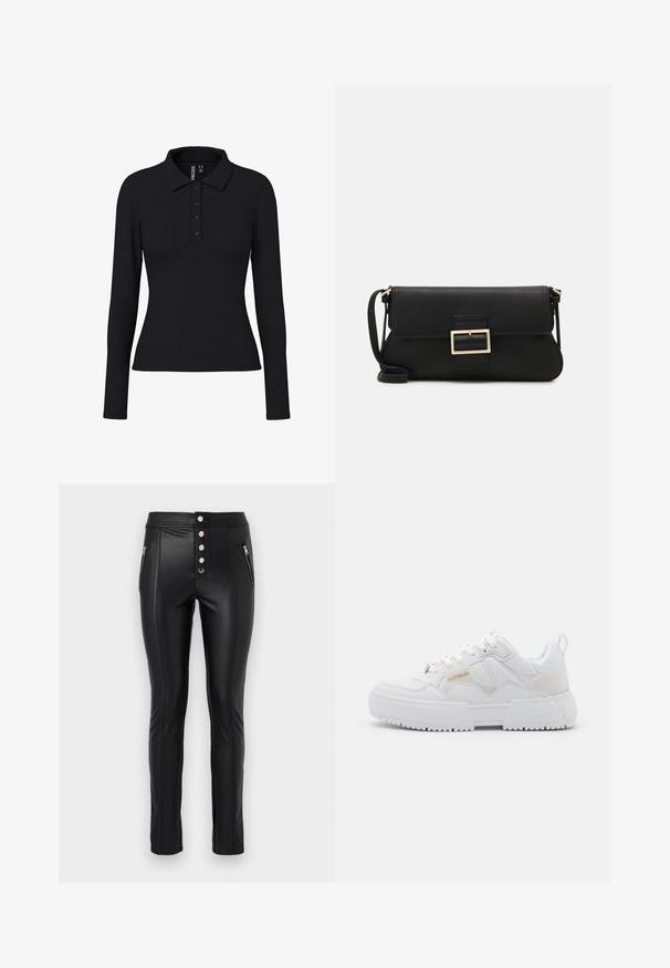 Čierna rebrovaná polokošeľa s dlhým rukávom, ktorá má golier, tri gombíky na zapínaní a priliehavý strih. Elastický materiál s jemnou textúrou.; Čierne nohavice z imitácie kože s vysokým pásom, piatimi kovovými gombíkmi, zipsovými bočnými vreckami a priliehavým strihom. Obsahujú viditeľné švy.; Biele tenisky s robustným dizajnom, vyrobené z kože a syntetických materiálov, s textúrovanými detailmi, šnúrkami a výrazným zlatým logom.; Čierna kožená clutch taška s klopou a zlatým kovovým detailom s prackou. Obsahuje čierny remienok a elegantný, minimalistický dizajn.; Zlaté kruhové náušnice s hladkým, lesklým povrchom. Cirkulárny dizajn s malým steblom a jasným záznamom pre bezpečné nosenie.