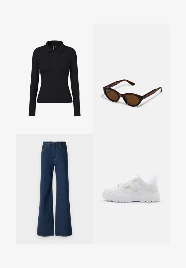 Must have mustris ja pikkade varrukatega polo särgil, millel on krae, kolme nupuga lõhik ja siretova siluett. Veniv kangas kergelt tekstuuriga.; Abercrombie & Fitch Avar lõikega teksad - rinse; Valged tossud suuremahulise disainiga, mis on valmistatud nahk- ja sünteetilisest materjalist, tekstuursete detailidega, paeladega ja silmapaistva kuldse logoga.; Pruunid kilpkonnamustriga päikeseprillid, mille vintage-kassikujuline kuju ja pruunid läätsed. Omavad kaardus varsi punaste aktsentidega.; Must värvi hobo kott, mis on valmistatud siledast nahataolisest materjalist, keeratud käepidemega, pehme ja ümar kuju ning ülemise tõmblukuga sulgur.; Kuldne rõngassõrmused sileda ja läikiva viimistlusega. Ringikujuline disain, millel on väike post ja selge tagumine külg, et tagada kindel kandmine.