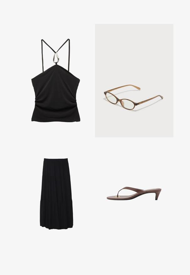 Haut sans manches noir avec un décolleté en V et des bretelles fines, présentant un accent en forme de goutte d'eau argentée au niveau du décolleté et une texture froncée à l'avant.; Jupe midi noire à volants avec une taille élastique, fabriquée en tissu doux, présentant une silhouette fluide et une texture lisse.; Sandale à talons brune avec une fine lanière et un entre-doigts arrondi, arborant un petit accent doré sur le semelage.; Lunettes en écaille de tortue marron avec des verres ovales, des branches fines et des accents transparents. Présente un logo subtil sur la branche. Design élégant et léger.