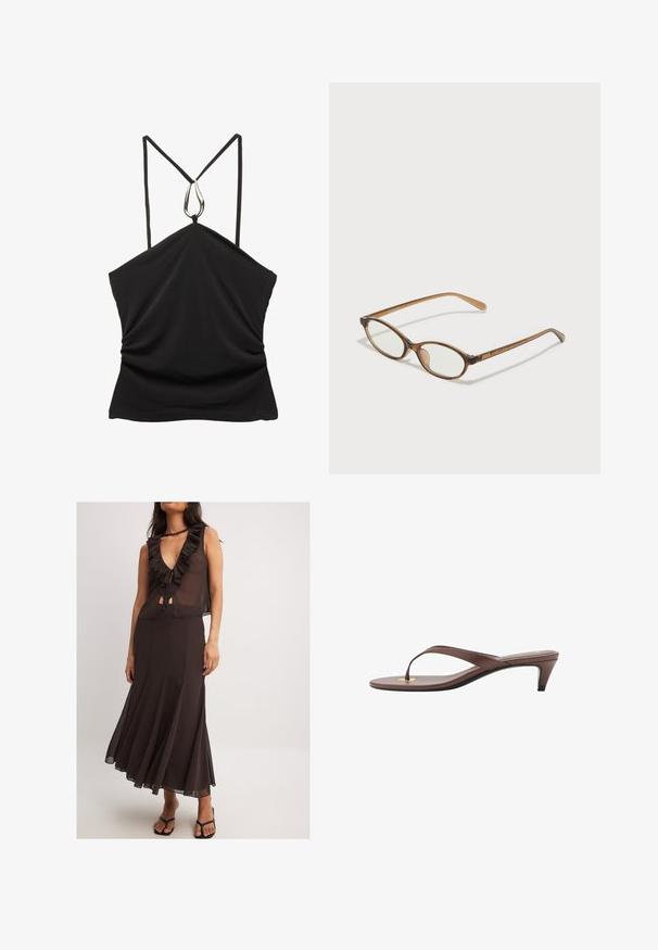 Črna brezrokavnica z V-izrezom in tankimi naramnicami, ki ima srebrno kapljično poudarjeno ob robu in gubano teksturo na sprednji strani.; Rjava brezrokavna obleka z nabranim V-izrezom, zavezanim spredaj in ohlapnim krilom. Lahka tkanina in prilegajoč pas poudarjata silhueto.; Rjava natikača na peto s tankim trakom in zaobljenim prstom, ki ima majhen zlat poudarek na podplatu.; Rjavo želvovina očala z ovalnimi lečami, tankimi ročaji in prosojnimi detajli. Imajo subtilen logo na templetu. Eleganten, lahek dizajn.