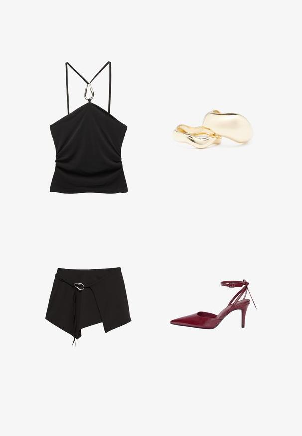 Čierny bezramienkový top s výstrihom do V a tenkými ramienkami, zdobený strieborným slzičkovým akcentom na výstrihu a s nabrúsenou textúrou na prednej strane.; Čierna zaviazaná sukňa vyrobená z jemného materiálu, s diagonálnym strihom, nastaviteľným viazaním so strieborným akcentom a asymetrickým lemom.; Burgundská kožená lodička na vysokom opätku s špicatou špičkou, otvorenými stranami a remienkom okolo členku. Má elegantný dizajn a hladkú textúru.; Zlaté náušnice s organickým tvarom podobným fazuli a hladkým, lesklým povrchom; majú minimalistický design bez viditeľného hardvéru.