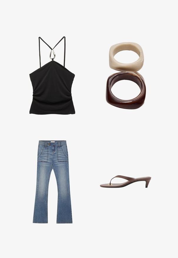 Musta hihaton paita, jossa on V-pääntie ja ohuet olkaimet. Paitaa koristaa hopeinen pisaramallinen yksityiskohta kaula-aukossa sekä poimutettu pinta edessä.; Even&Odd Flared-farkut - blue denim; Kahvoit varrelliset flip-flop sandaalit, joissa on hoikka hihna ja pyöristetty varvasosa, sekä pieni kultainen yksityiskohta pohjalla.; Stradivarius SET - Rannekoru - dark brown