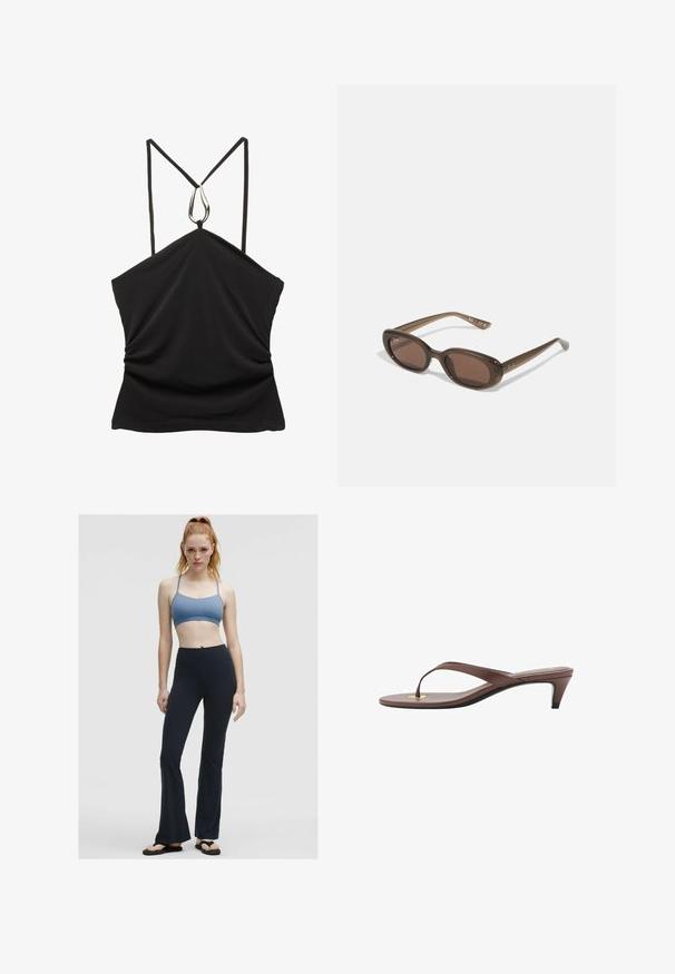 Schwarzes ärmelloses Top mit V-Ausschnitt und dünnen Trägern, ausgestattet mit einem silbernen Tropfen-Accessoire am Ausschnitt und einer gerafften Textur auf der Vorderseite.; Helles blaues Sport-BH mit dünnen Trägern, kombiniert mit schwarzen, ausgestellten Leggings. Der Stoff wirkt dehnbar und glatt, eignet sich gut für sportliche Aktivitäten.; Braune, mit Absatz versehene Flip-Flop-Sandale mit einem schmalen Riemen und abgerundetem Zehensteg, der ein kleines goldfarbenes Akzent auf dem Fußbett aufweist.; Braune ovale Sonnenbrillen mit dunklen Gläsern. Das Gestell besteht aus einem transparenten braunen Material und hat ein auf den Bügeln aufgedrucktes Logo.; Weiche braune Hobo-Stil Handtasche mit einem einzigen breiten Trageriemen und einer geschwungenen Oberteilöffnung, auf einem weißen Hintergrund präsentiert.